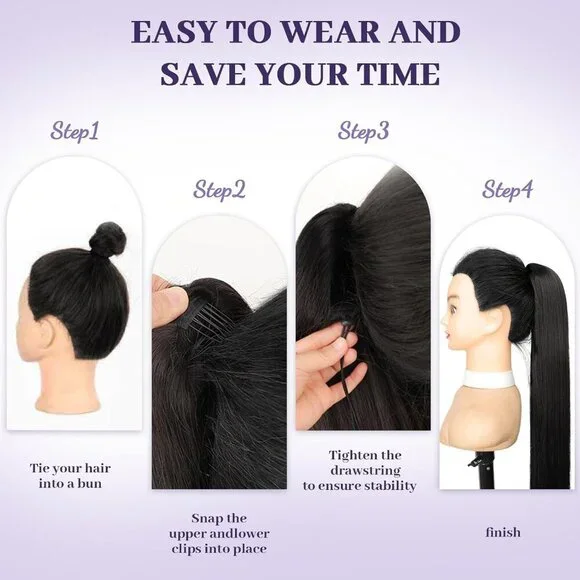 Drawstring Ponytail Extension Long Straight Clip-In Hairpiece for Women Black - Picture 6 of 7